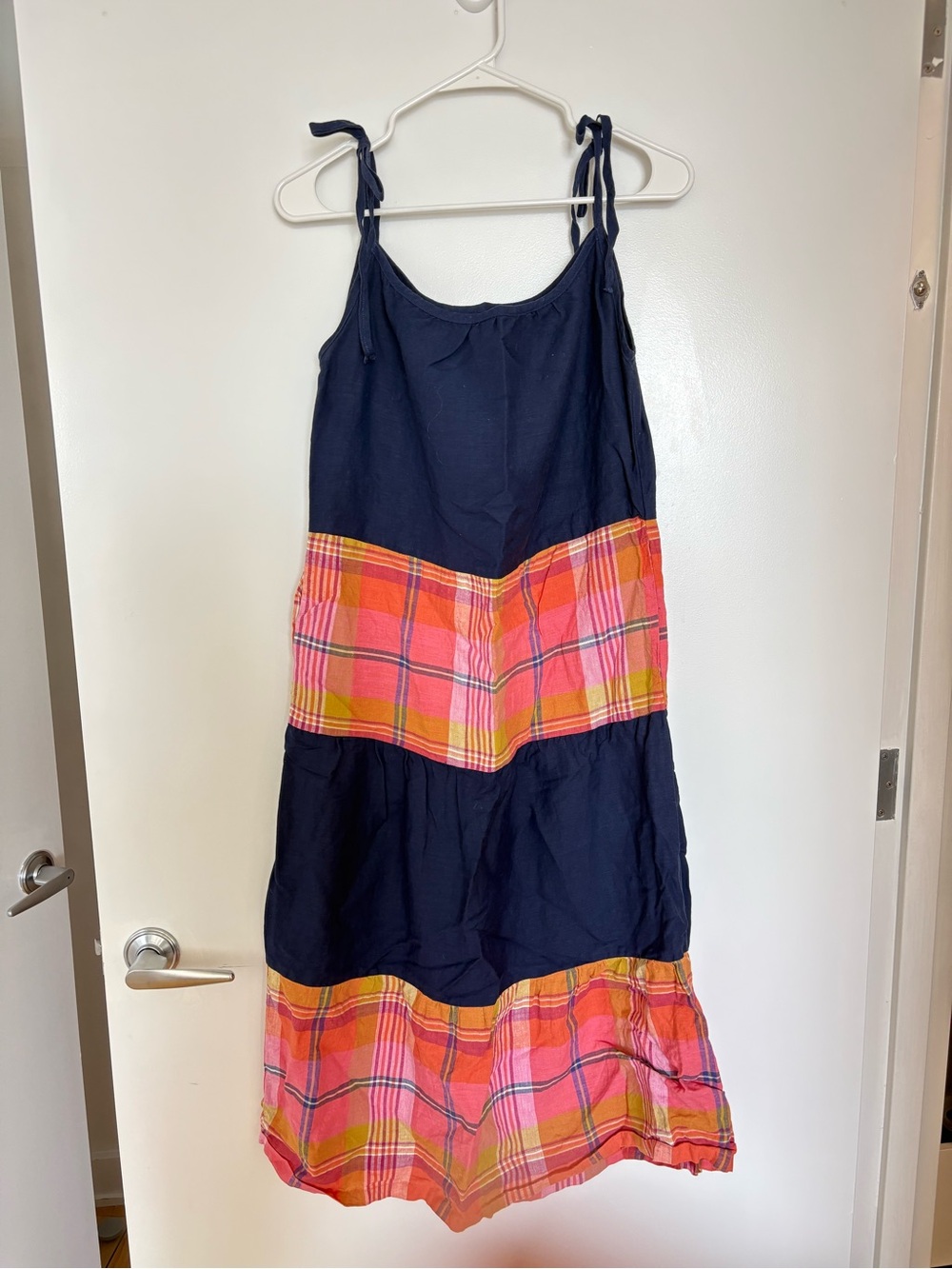 Navy Maxi Dress with Pink & Orange Plaid Panels